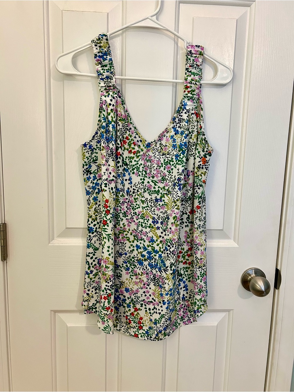 CAbi Floral V-Neck Camisole in White with Multicolor Floral Print